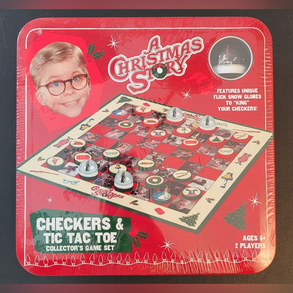 A Christmas Story Checkers TicTacToe Collector Game Metal Box Snow Globes New